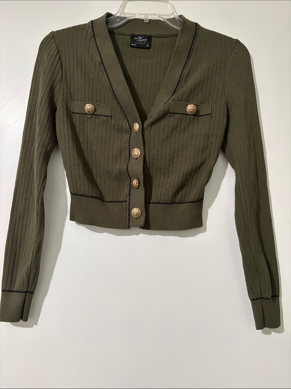Cropped Olive Ribbed Cardigan Blazer with Gold Buttons